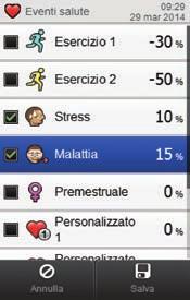 Eventi salute Bolo NOTA Se è stato immesso un bolo carboidrati ma non è stata immessa alcuna quantità per i carboidrati (la voce Carboidrati visualizza Vuoto al punto 3), all utente viene chiesto di