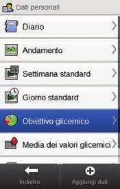 11.6.2 Visualizzazione dei dati dell obiettivo glicemico Menu principale > Dati personali > Obiettivo glicemico 1 2 NOTA j Se non vi sono dati per visualizzare il diagramma e la tabella dell