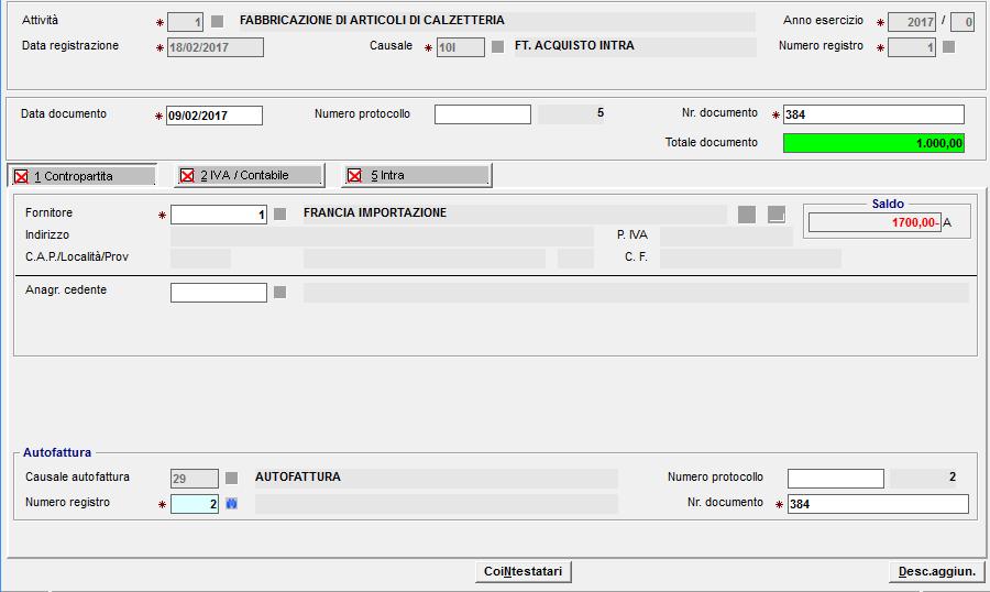 Registrazione Fattura in Prima Nota Utilizzare la causale 10I, poi inserire i dati della fattura e si passa ai dati dell autofattura. Il totale documento NON deve essere maggiorato dell importo Iva.