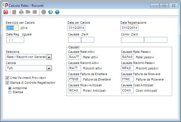 Calcolo Ratei e Risconti Dal menu Ratei e Risconti è anche possibile lanciare la procedura di Calcolo Ratei e Risconti.