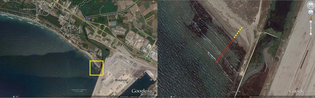 Figura 2. Sinistra: immagine di Google Earth dell area antistante la spiaggia del Lido Azzurro.