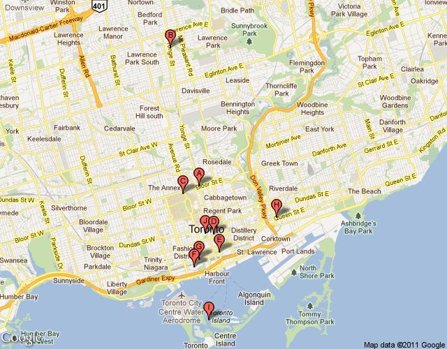 Toronto Altri punti di interesse Legenda dei punti riportati sulla mappa A Downtown Downtown di Toronto è il distretto compreso tra Bloor Street, il Lago Ontario a sud e Bathurst Street e rappresenta