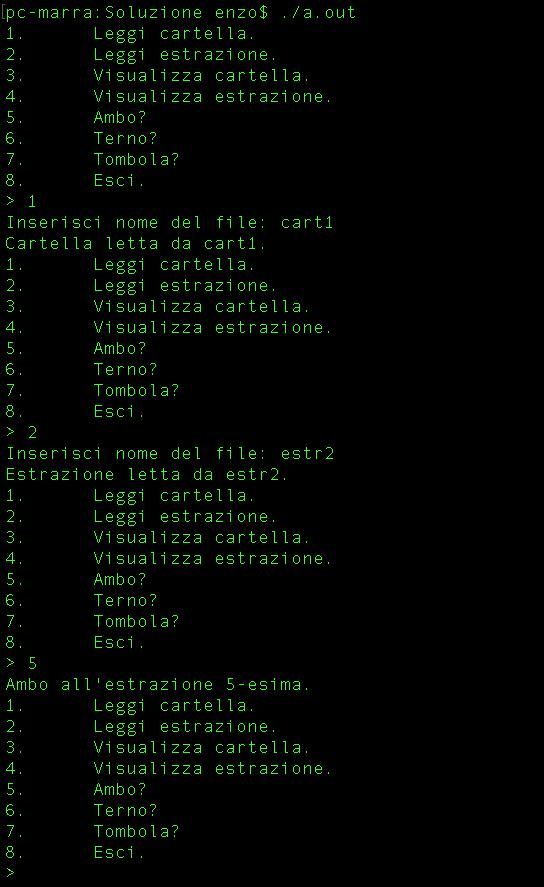 6 V. MARRA Figura 3. Esempio di esecuzione (Esercizio 4, cartella cart1, estrazione estr2). Istruzioni per la consegna Funzioni da consegnare (in un unico file sorgente).