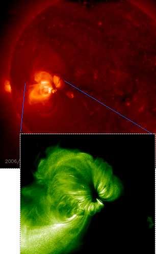 Ricerca Astronomica 9 Figura 2: Mappa termica (in verde) di una regione attiva ottenuta da un particolare rapporto di filtri dello strumento Hinode/XRT (Reale et al. 2007).