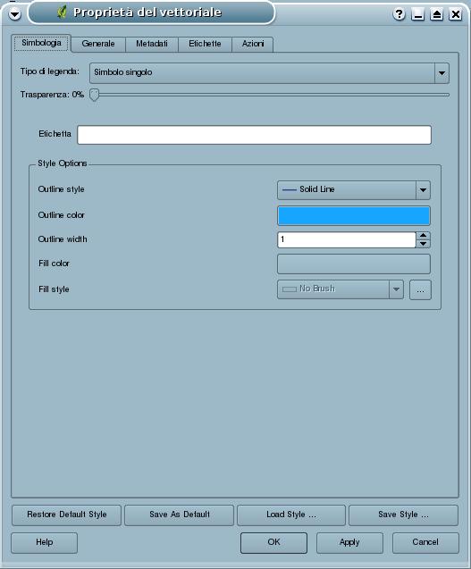 La finestra Proprietà del Vettoriale è costituita da diverse etichette (dette label) nelle quali possiamo trovare numerose opzioni in grado di personalizzare la visualizzazione: linguetta Simbologia: