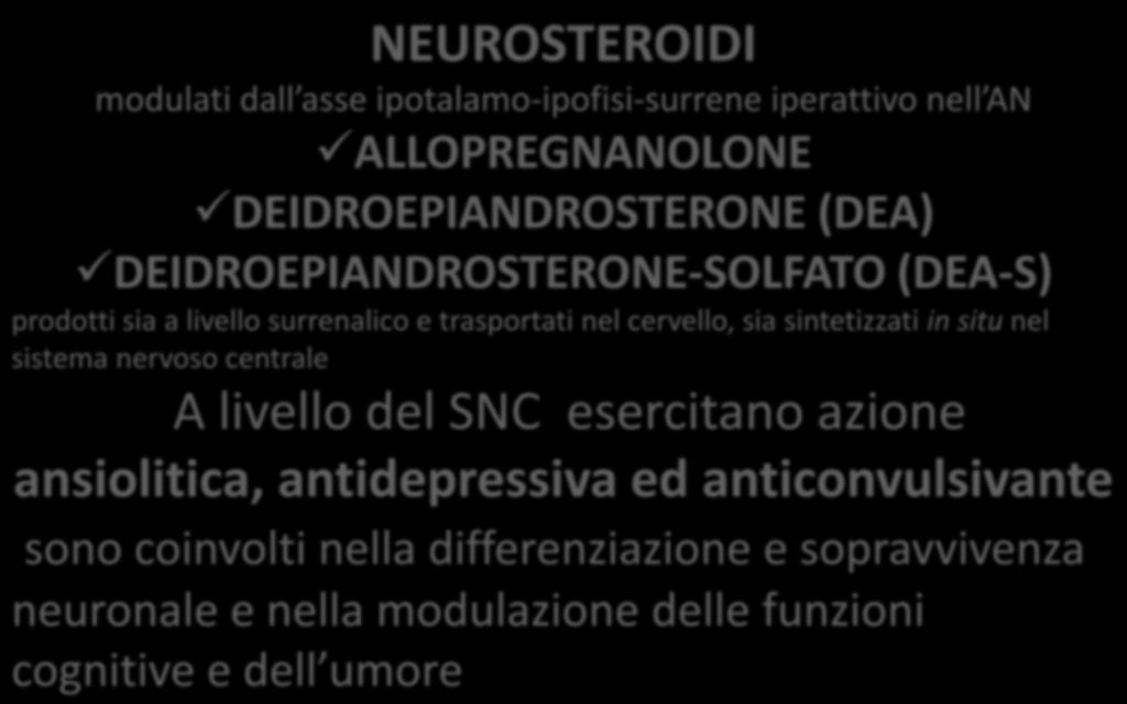 NEUROSTEROIDI modulati dall asse ipotalamo-ipofisi-surrene iperattivo nell AN ALLOPREGNANOLONE DEIDROEPIANDROSTERONE (DEA) DEIDROEPIANDROSTERONE-SOLFATO (DEA-S) prodotti sia a livello surrenalico e