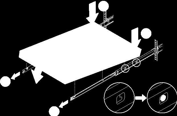 5. Installare il server sulle guide interne. Tirare in avanti le guide interne finché non si sentono due clic che ne indicano il corretto posizionamento.