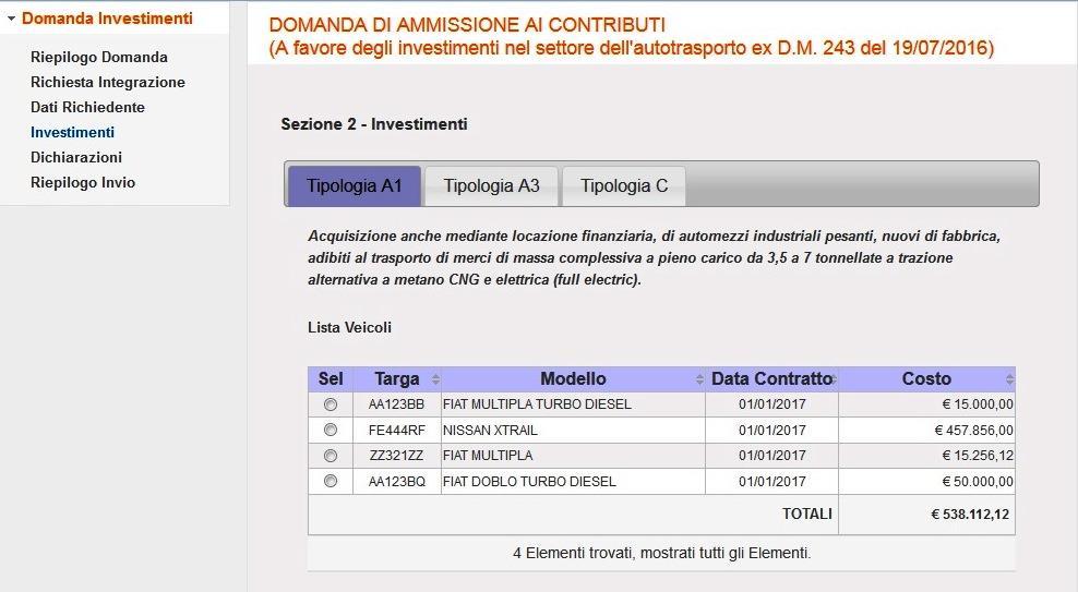 4.3. Investimenti Guida Cliccando sul link del menu Investimenti, il sistema mostra tutte le informazioni relative agli investimenti inseriti dall impresa all atto della presentazione della domanda.