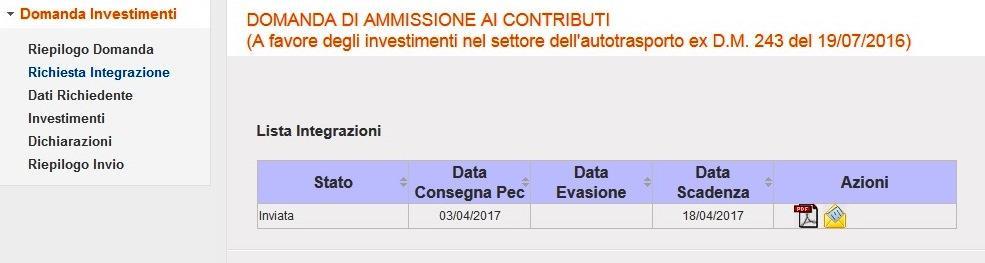 5.2. Gestione Richiesta Integrazione La Figura 15 illustra la pagina contenente la Lista delle Richieste Integrazioni ricevute: Figura 15 La tabella mostra, per ogni richiesta ricevuta, le seguenti