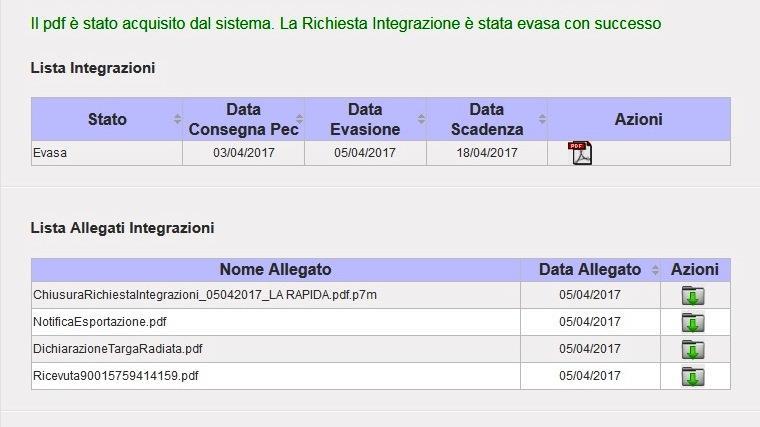 La richiesta passa in stato Evasa e il documento compare nella tabella Lista