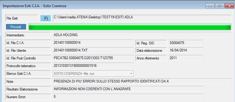 ESITO C.I.A. EC.run, Lettura Esito: a. Parte Generale b. Parte di dettaglio che riporta gli errori riscontrati nel confronto Comunicazione C.I.A. Anagrafe dei Rapporti Parte Generale La Parte Generale contiene informazioni di carattere generale sulla nomenclatura e sull esito contenuto nel file letto.