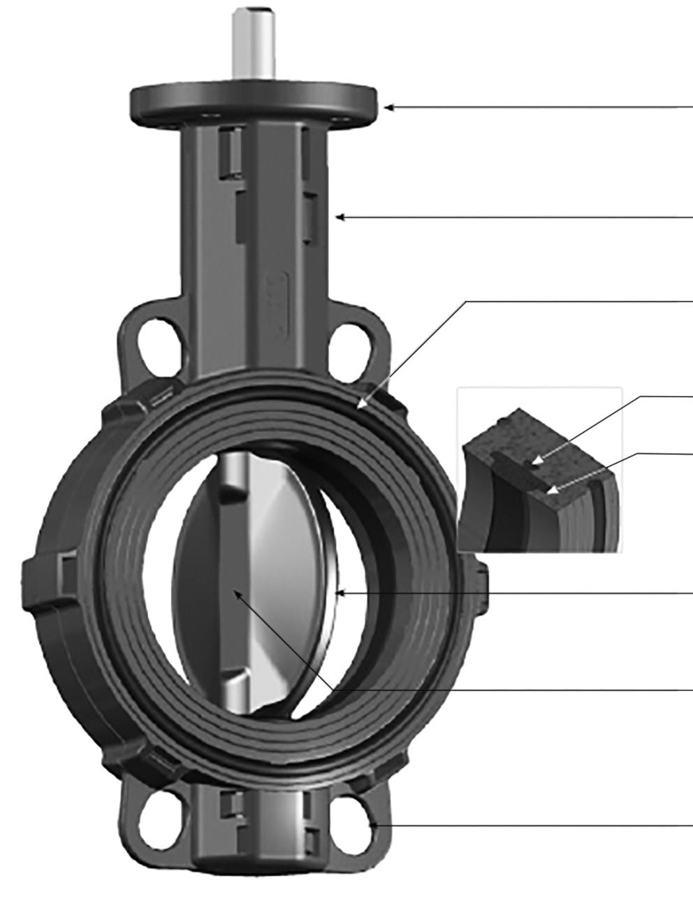 Pag. 10 VALVOLE A FARFALLA IN MATERIALE COMPOSITO BUTTERFLY VALVES HIGH ENGINEERED COMPOSITE MATERIAL Flangia di montaggio ISO 5211 integrata Integrated ISO 5211 top plate Superficie del corpo in