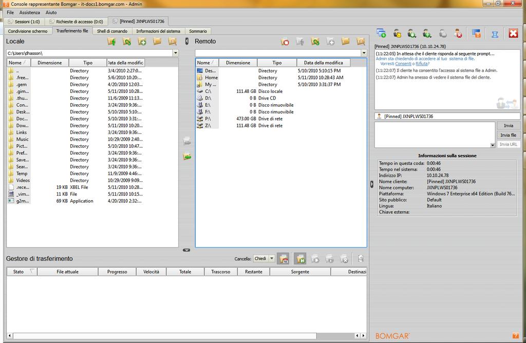Trasferimento file Durante una sessione, l'agente dotato dei necessari diritti può trasferire file e persino intere directory al e dal computer remoto.