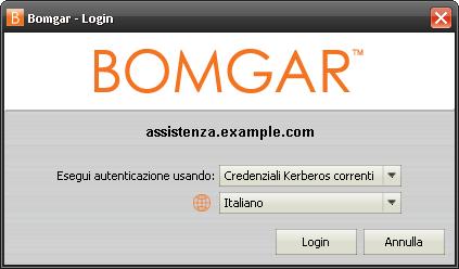 Come utilizzare la consolle agenti Dopo avere installato la consolle agenti Bomgar, eseguire il login facendo doppio clic sull'icona Bomgar nel vassoio di sistema o cliccando sull'icona con