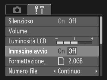 Modifica delle impostazioni della fotocamera Disattivazione dell'immagine di avvio È possibile disattivare l'immagine di avvio visualizzata quando si accende la fotocamera.