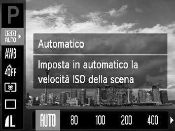 Modifica della sensibilità ISO Scegliere la sensibilità ISO. Dopo avere premuto il pulsante m, premere i pulsanti op per scegliere. Scegliere un'opzione.