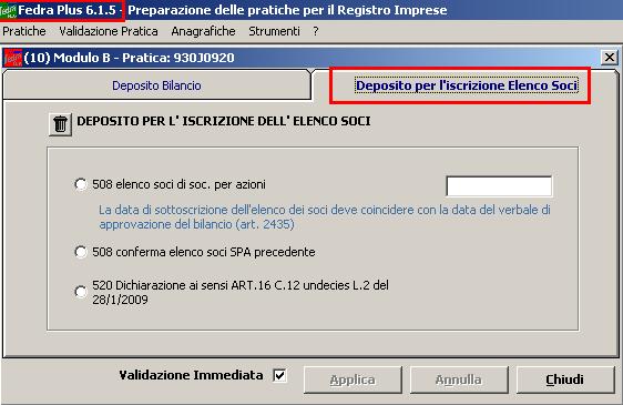 riquadro Deposito per l iscrizione dell elenco soci :