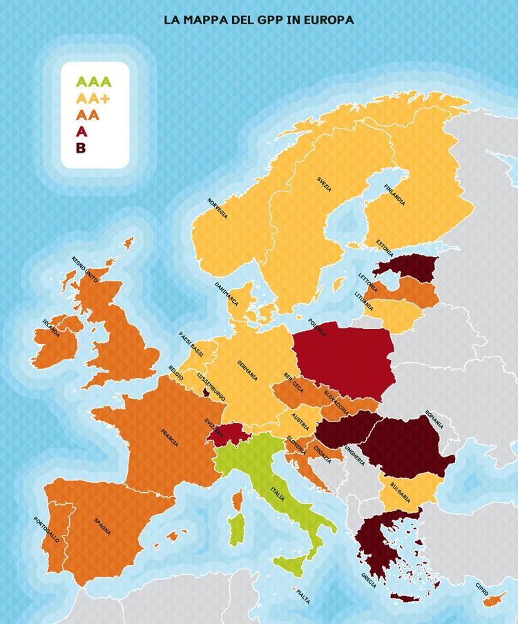 Attuazione del GPP negli stati europei AAA Piano di azione nazionale GPP/Criteri ambientali/previsione di obbligatorietà piena AA+ Piano di azione nazionale GPP/Criteri ambientali/obbligatorietà