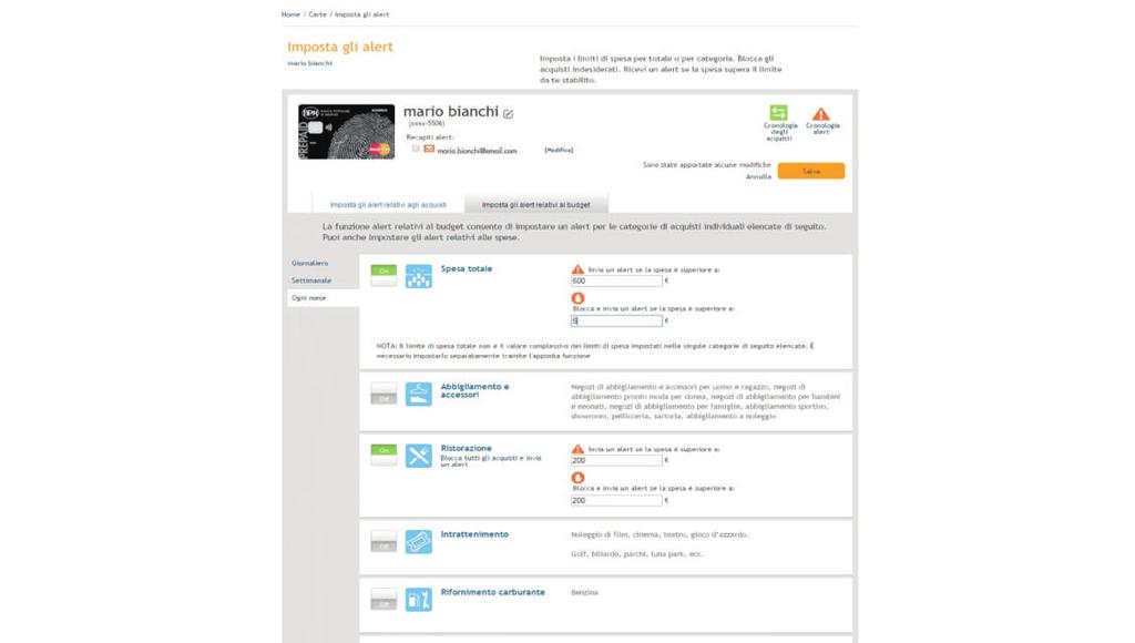 Clicca su IMPOSTA GLI ALERT per definire i parametri di spesa della carta per tipo di utilizzo, per i prelievi o