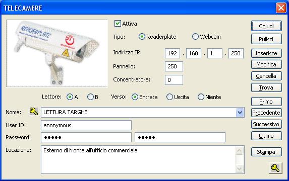 Registrare una scheda per ogni telecamera da gestire.