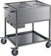 CARRELLO TERMICO BAGNOMARIA (GN ESCLUSE) Struttura in acciaio inox 18/10 AISI 304 completamente saldata. Vasca a doppia parete. Riscaldato mediante resistenza elettrica a bagnomaria 2000 W - 230 V.