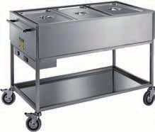 CARRELLO TERMICO BAGNOMARIA (GN ESCLUSE) Struttura in acciaio inox 18/10 AISI 304 completamente saldata. Vasca a doppia parete. Riscaldato mediante resistenza elettrica a bagnomaria 2000 W - 230 V.