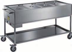 BAIN-MARIE HEATED TROLLEY FOR DISTRIBUTION OF MEALS (GN NOT INCLUDED) Welded frame made in stainless steel 18/10 AISI 304. Double-wall basin. Electric water-bath heating, 2000 Watt - 230 V.