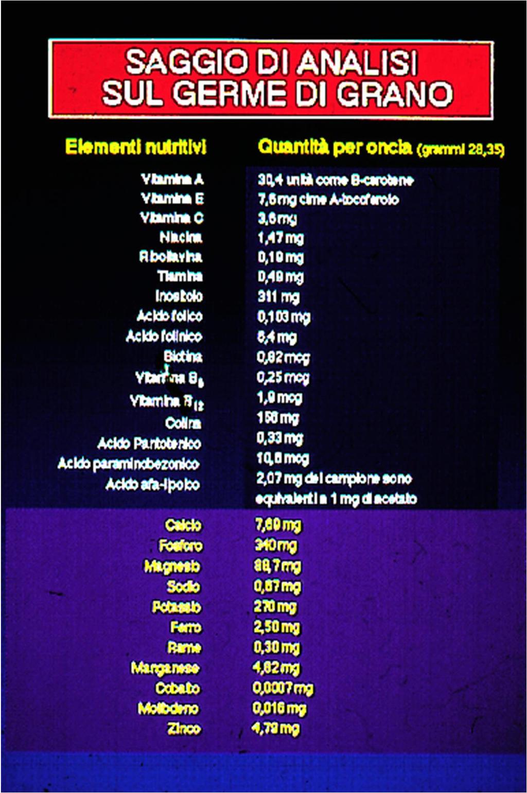 GERME DI GRANO Esaminando la composizione del germe di grano si nota come esso sia ricco di vitamine, di minerali, di cui alcune di notevole importanza ai fini antiossidanti.