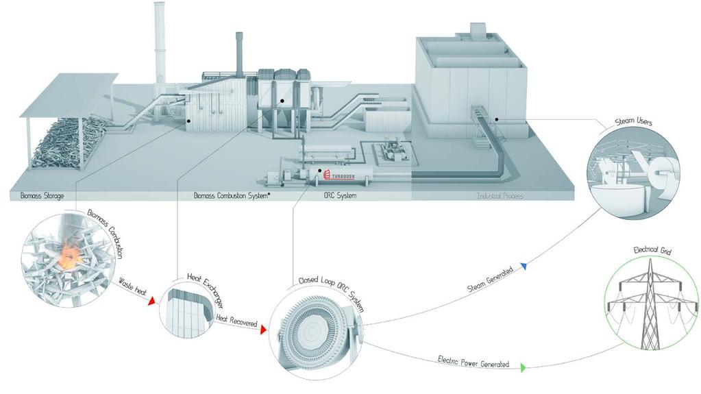 BIOMASSA ELETTRICITA VAPORE La tecnologia ST&P ORC può essere utilizzata per la cogenerazione da biomassa, per generare elettricità e vapore direttamente utilizzabile dai processi industriali.
