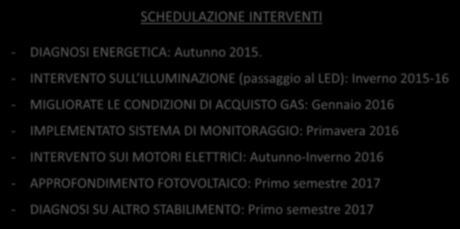 REALTA MANIFATTURIERA TESSILE DIAGNOSI ENERGETICA: RIEPILOGO INTERVENTI SCHEDULAZIONE INTERVENTI - DIAGNOSI ENERGETICA: Autunno 2015.