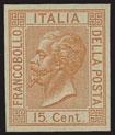 1864 - Prove per un nuovo fr.llo da 15 c.; bruno d Italia, fondo lineato, carta inglese, pos.
