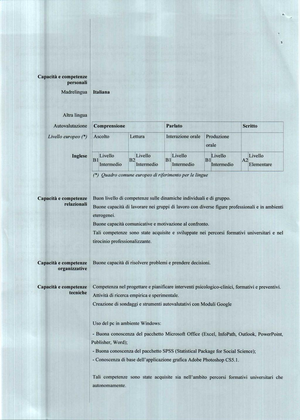 Capacità e competenze personali tmadrelingua Italiana Altra lingua Autovalutazione Comprensione Parlato Scritto Livello europeo {*) Ascolto Lettura Interazione orale Produzione orale Inglese Livello