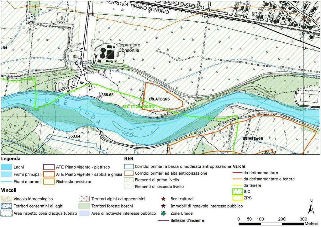 Vincoli e valenze ambientali: L'ATE ricade tra le aree classificate come elementi di primo livello della RER della Lombardia ed in particolare all'interno del corridoio primario del fiume Adda (n. 3).