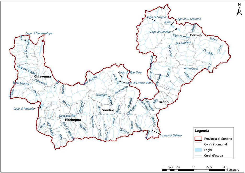 Figura 7: Reticolo idrografico della Provincia di Sondrio. Bacino idrografico Nome del corso d'acqua Codice del corpo idrico Lungh.