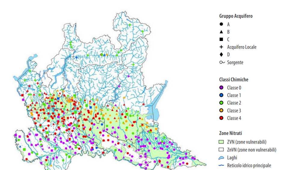 Figura 12: Rete di monitoraggio delle acque sotterranee di ARPA Lombardia e attribuzione della classe di stato chimico per l'anno 2011.