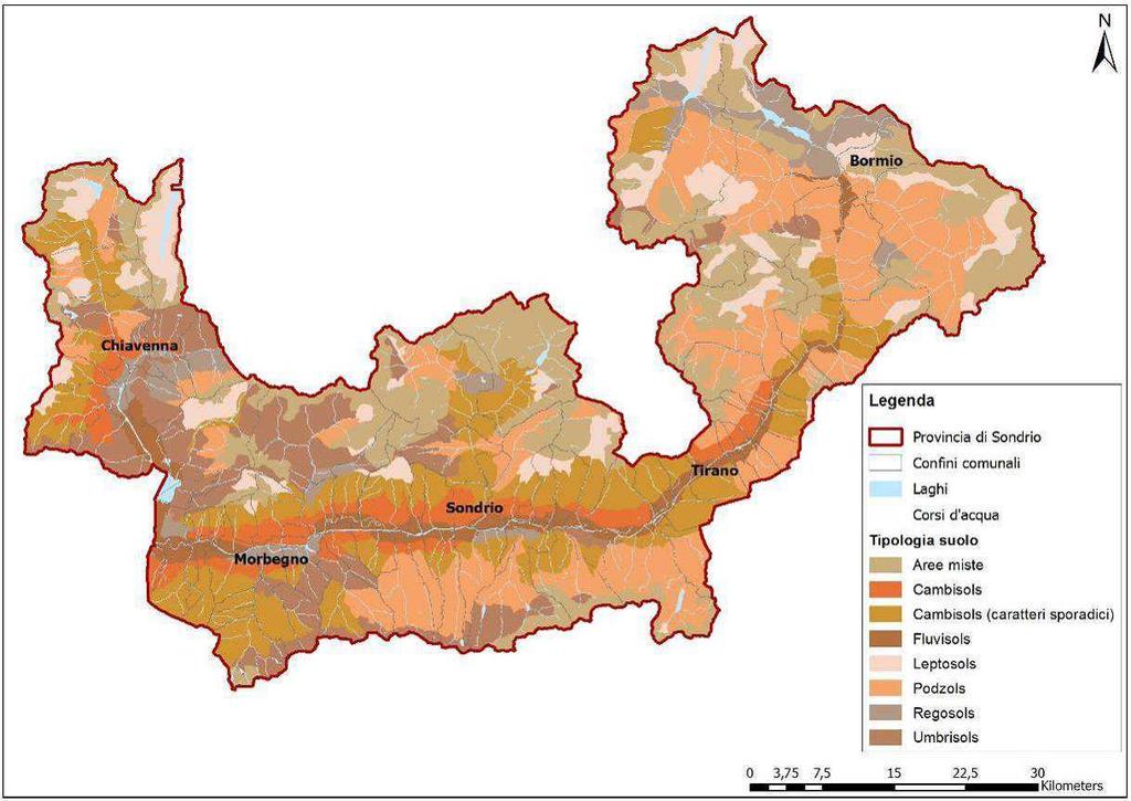 Figura 13:Individuazione delle province pedologiche sul territorio della Provincia di Sondrio, tratta dalla Carta pedologica in scala 1:250.