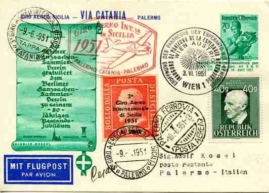 .. 100,00 467 + 3 Giro Aereo di Sicilia - Dispaccio dall'austria tappa Catania/Palermo del 9.6.51 con ann.