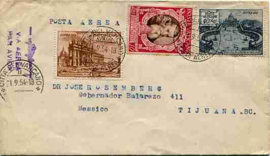 11 + 12 su busta via aerea per Tijuna (Messico) il 21.9.54 - Raro uso postale in tariffa.