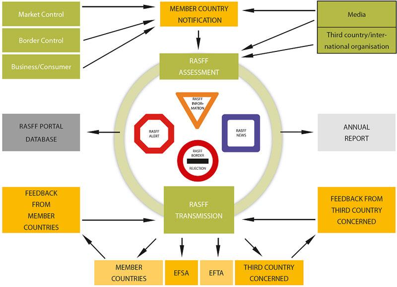 Rappresentazione schematica del flusso di informazioni del RASFF 3 Le notifiche di allarme (alert notifications) vengono trasmesse quando un alimento o un