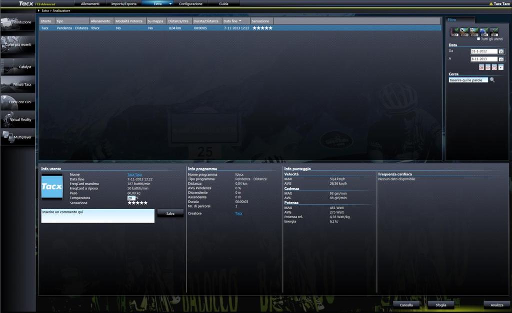 Extra Analyser Utilizzando il software Analyser, è possibile consultare i dati di allenamento registrati sotto forma di grafici e tabelle. È così possibile analizzare tutti i percorsi effettuati.