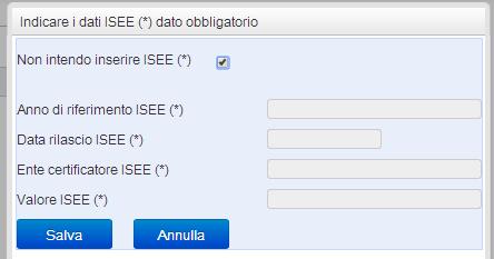 Sezione 2 Isee. Completare questa sezione con i riferimenti alla propria dichiarazione ISEE (per la quale non sarà necessaria la produzione di alcun documento cartaceo).