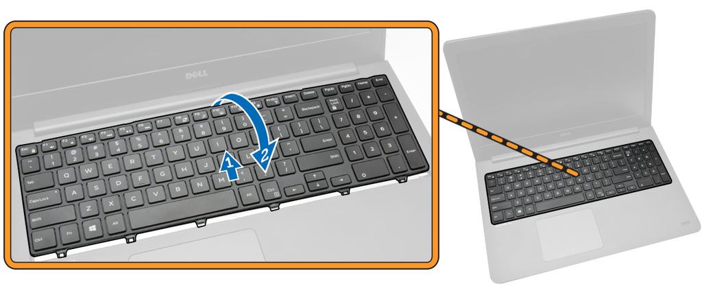 Rimozione della tastiera 1. Seguire le procedure descritte in Prima di effettuare interventi sui componenti interni del computer. 2. Rimuovere: a. Coperchio della base b. Batteria 3.