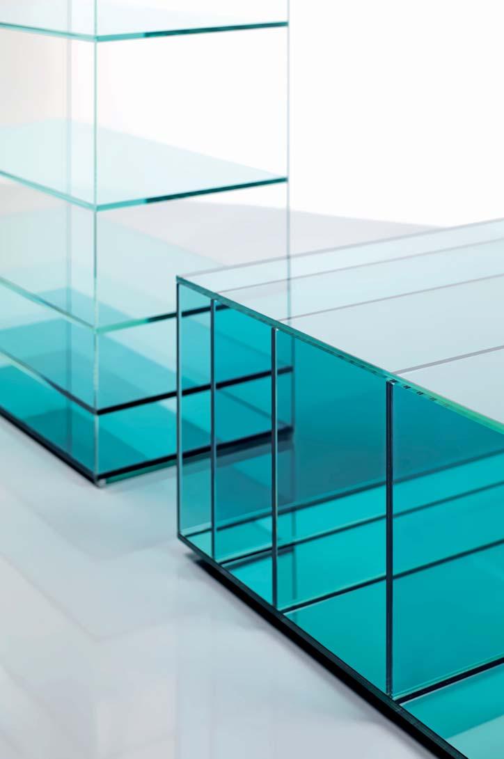 6-7 Collection of low tables and bookcase in laminated and thermo welded transparent extralight glass The shelves of the