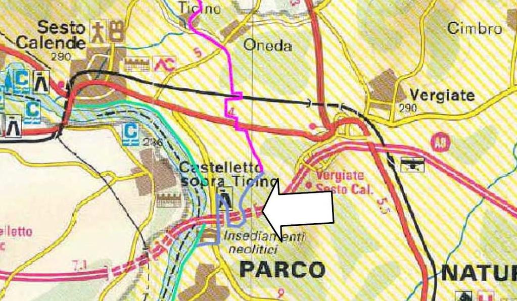 S. 33 - Fonte : Portale di cartografia on-line (Provincia di Varese) TRATTO DA SESTO CALENDE A GOLASECCA Lunghezza: 1 km Larghezza: tra 2,5 m e 3 m Pavimentazione: asfalto, calcestre stabilizzato