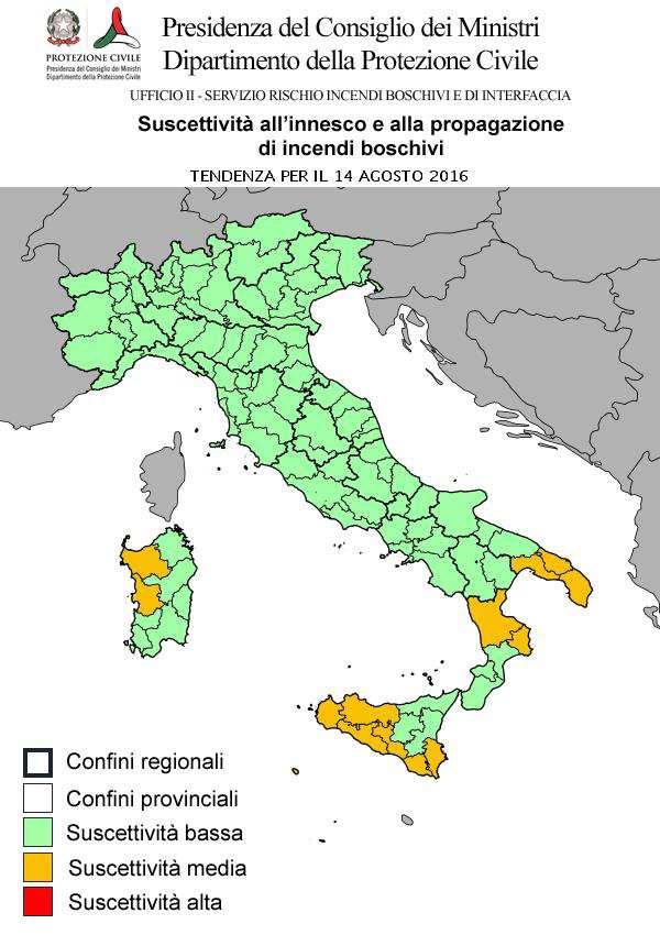 CONDIZIONI DI SUSCETTIVITA' ALL'INNESCO E ALLA PROPAGAZIONE DI INCENDI BOSCHIVI PREVISTE PER IL 14 AGOSTO 2016 BASSA MEDIA ALTA VALLE D'AOSTA AO PIEMONTE LOMBARDIA TRENTINO A. A. VENETO FRIULI V.