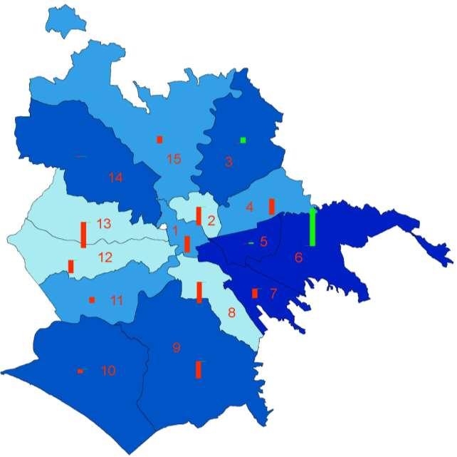 Restringendo l analisi alla popolazione in età 0-2 anni, si nota una maggiore concentrazione assoluta nell area est capitolina ed una bassa consistenza nei municipi II, VIII, XII e XIII.