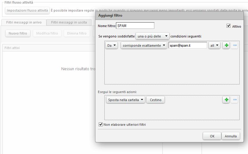 43 di 58 Impostare un Filtro in preferenze, filtri è possibile creare un nuovo filtro; i filtri servono per smistare nelle varie caselle le mail, ad esempio se si ha necessità di avere una cartella