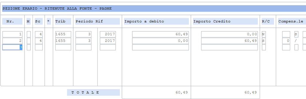 L importo indicato in debito e credito è pari al debito risultante nel tabulato del diagnostico nella colonna Importo a debito.