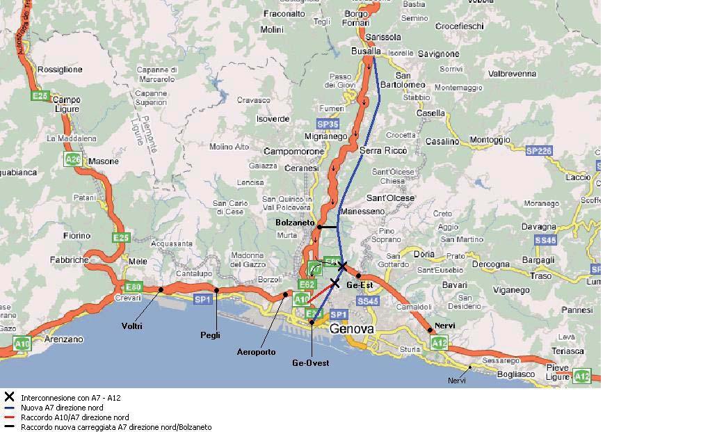 zione Nord ; Con opportune modifiche allo svincolo di Bolzaneto e la costruzione, a levante del Ponte Morandi, del raccordo con nuova carreggiata A7 direzione Nord si permette di invertire da Genova