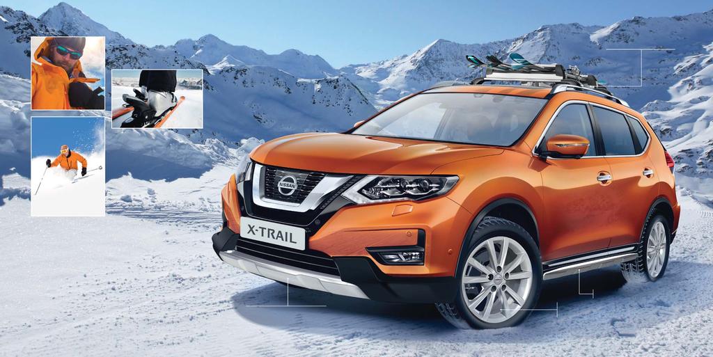 PORTASCI - KE738-99996 CON GLI ACCESSORI ORIGINALI NISSAN RAGGIUNGI LA VETTA LIBERTÀ Al mattino, dopo una bella nevicata, X-TRAIL ti aspetta: gli sci sono pronti nel portasci e le finiture brillano